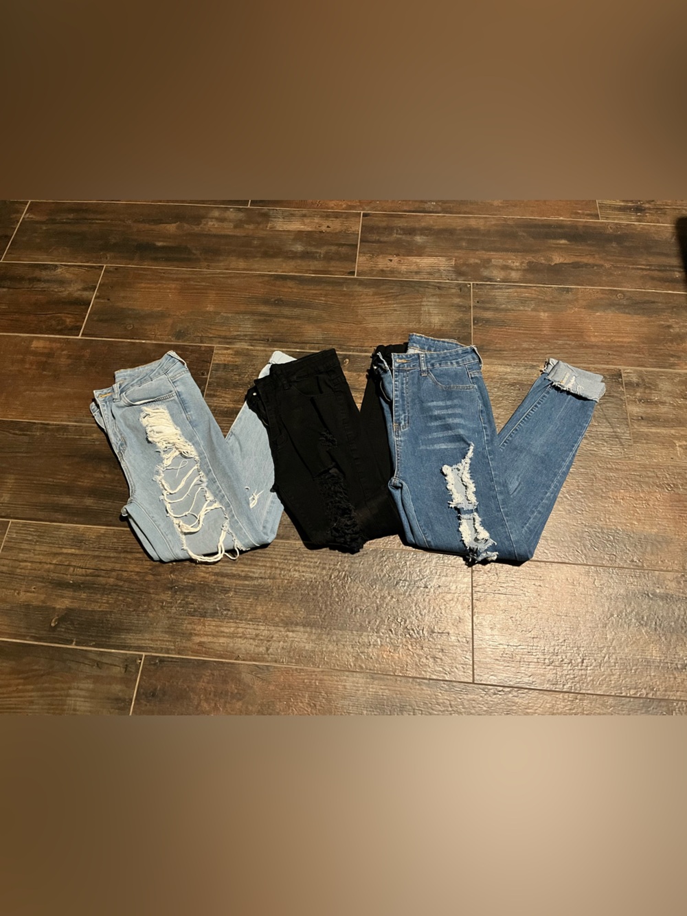 SHEIN Light Blue, Black and Medium Blue Distressed Ankle Jeans Trio